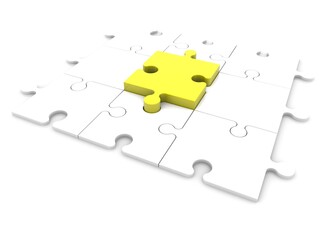 Fototapeta premium A white puzzle with a yellow puzzle piece in the center