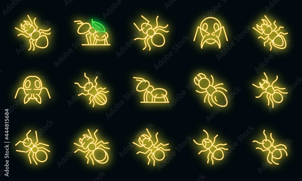 Poster ant icons set. outline set of ant vector icons neon color on black