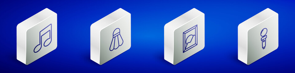 Set Isometric line Music note, tone, Badminton shuttlecock, Picture landscape and Joystick for arcade machine icon. Vector
