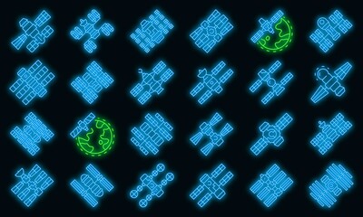 Space station icons set. Outline set of space station vector icons neon color on black © ylivdesign