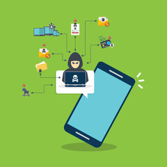 Hacker, malware notification on mobile phone. Smartphone with hacker alert, spam data on cellphone fraud error message, scam, virus. 