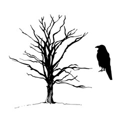Tree and bird raven silhouette, hand drawn vector illustration
