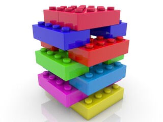 Colored toy bricks are stacked in two rows on top of each other