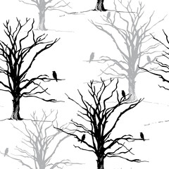 Tree and bird raven silhouette pattern, hand drawn vector seamless background