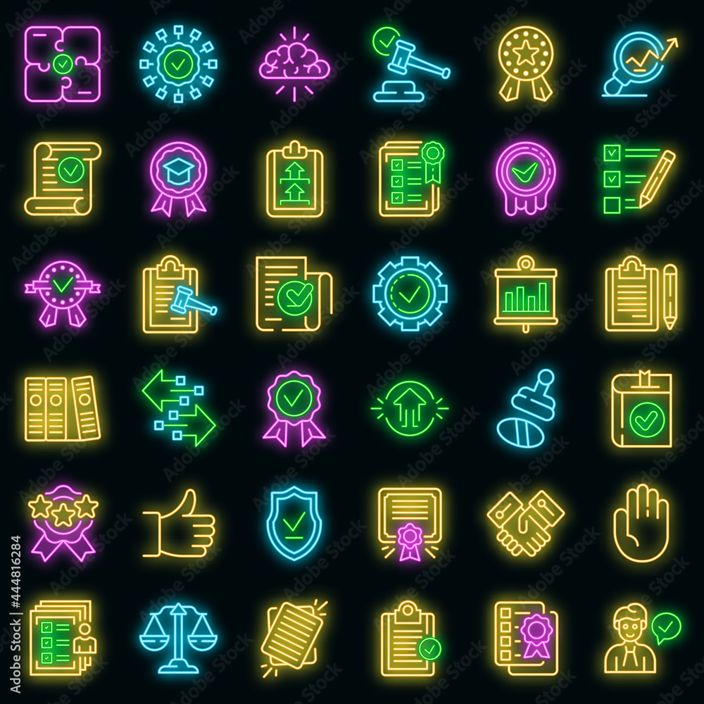 Poster standard icons set. outline set of standard vector icons neon color on black