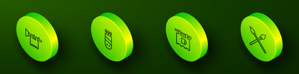 Set Isometric line Trumpet with flag, Quiver arrows, Street signboard Bar and Crossed medieval spears icon. Vector
