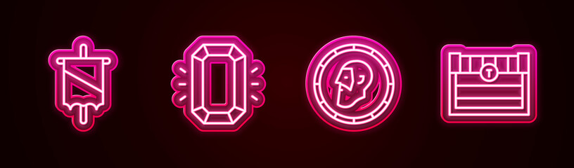 Set line Medieval flag, Diamond, Ancient coin and Antique treasure chest. Glowing neon icon. Vector