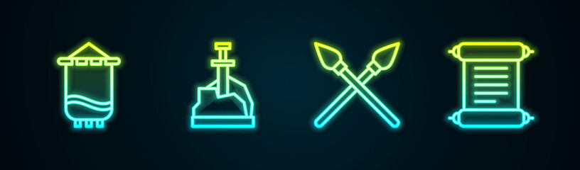 Set line Medieval flag, Sword in the stone, Crossed medieval spears and Decree, parchment, scroll. Glowing neon icon. Vector