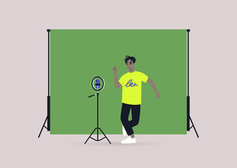A young male Black character recording a dancing challenge video with their mobile phone on a tripod, chroma key background, modern gen z lifestyle