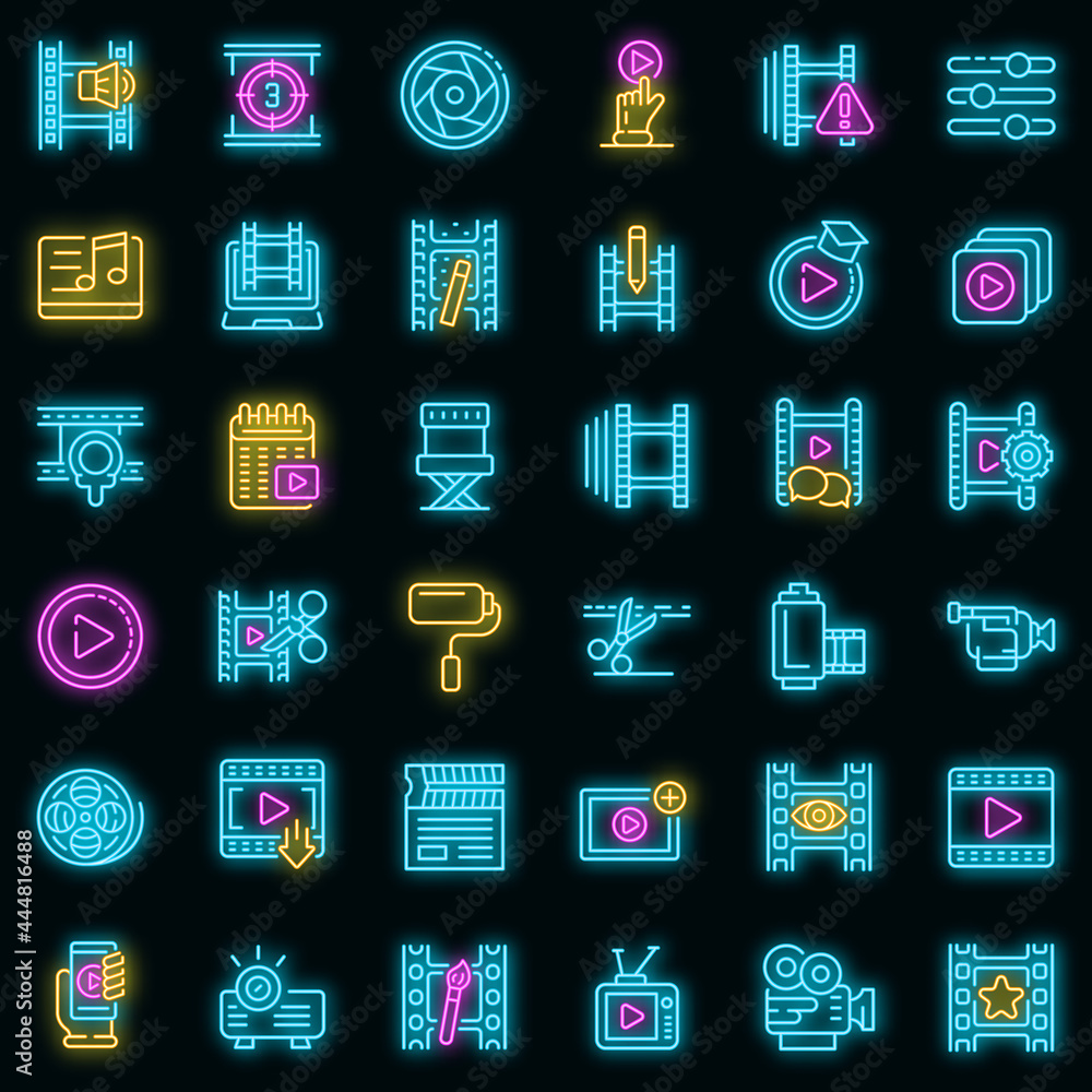 Poster video editing icons set. outline set of video editing vector icons neon color on black