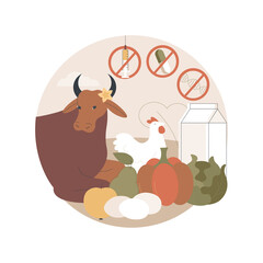 Free from antibiotics hormones GMO foods abstract concept vector illustration. Organic products livestock, organic farming, choose healthy foods, rich nutrient diet, farm market abstract metaphor.