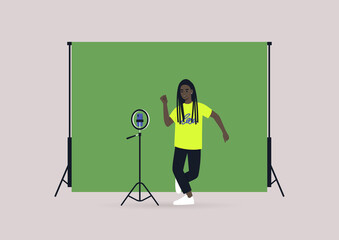 A young female Black character recording a dancing challenge video with their mobile phone on a tripod, chroma key background, modern gen z lifestyle