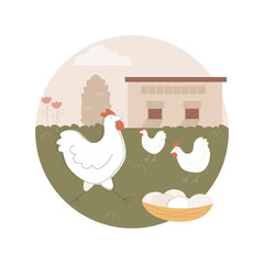 Free run chicken and eggs abstract concept vector illustration. Cage free eggs, organic food, rich nutrient diet, happy chickens, food labeling, organic certification standard abstract metaphor.