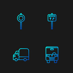 Set line Bus, Delivery cargo truck, Road traffic signpost and . Gradient color icons. Vector