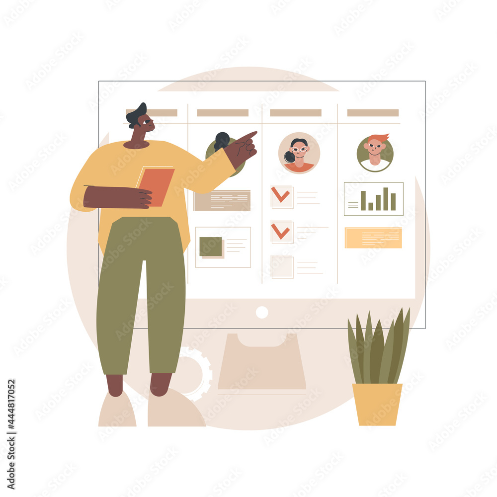 Poster kanban board abstract concept vector illustration. teamwork communication process, agile project man