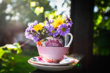 a bouquet of dandelions and bush asters are in a colored tea cup, the sun illuminates the flowers, a blurred background