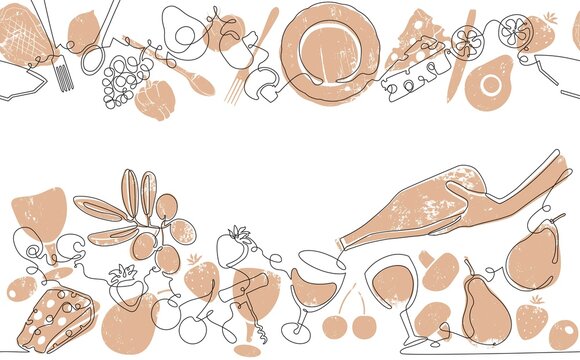 Naklejki Two top and bottom Seamless Patterns with Food and Utensils. Vector Background. One line art Style. Frame with Organic Food. Can be also yused like Banner, Flyer, Texture.