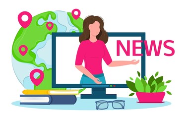 World online news vector illustration. The woman tells the news from the monitor. composition made in flat style 