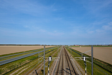 Railway alongside the N307, Flevoland Province, The Netherlands