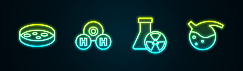 Set line Petri dish with bacteria, Chemical formula for H2O, Test tube radiation and and flask. Glowing neon icon. Vector