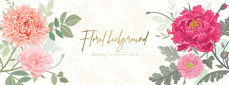 Banner design template. Vector illustration of beautiful hand drawn flowers and leaves. Floral background for poster, cover, booklets, wedding invitation