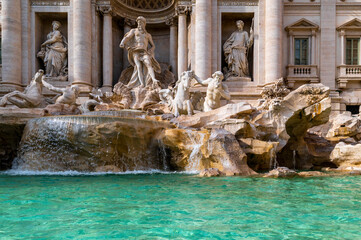 Trevi Fountain the largest and most famous fountain in Rome, detail of the virgin water, the statues of the tritons, the horses, the Ocean God. The main theme of the fountain is the sea. Rione Trevi.