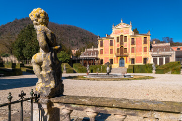 Panorama of the Villa Barbarigo Valsanzibio Padua Galzignano Terme. The monumental garden of the seventeenth century, with the fountain, the statue of the putto, Veneto, Italy.