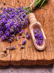 Bunch of Lavender flowers on wooden board