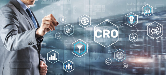 Conversion Rate Optimization. CRO Technology Finance concept Businessman pressing on a virtual screen