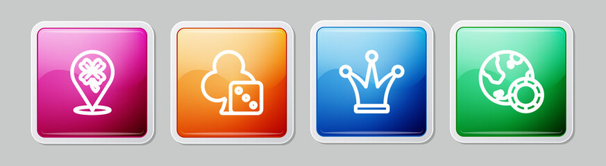 Set line Casino slot machine with clover, Game dice, Joker playing card and chips. Colorful square button. Vector