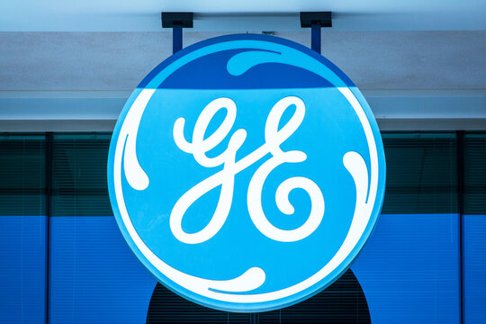 GE logo and sign at office of General Electric - San Ramon, California, USA - 2021