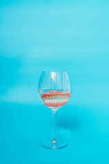 A denture in a glass of water. Dental prosthesis care. Full removable plastic denture of the jaws. Two acrylic dentures. Upper and lower jaws with fake teeth. Dentures or false teeth, close-up.