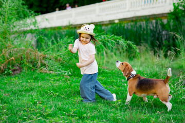 beautiful little girl, walking with an active young dog, beagle breed, walking in summer, on a sunny day