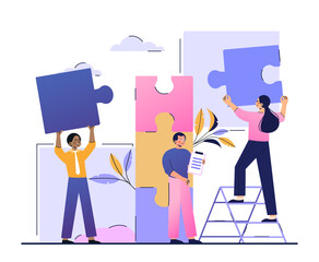 Business concept. Team metaphor. The companys employees hold the puzzle pieces in their hands and assemble a complete picture. Cartoon flat vector illustration isolated on a white background