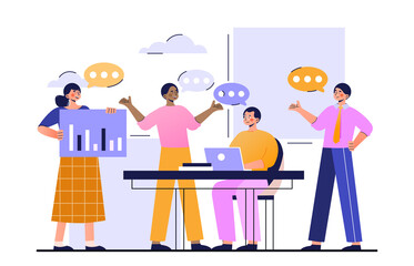Collective thinking and brainstorming. The companys employees analyze the data and come up with new ideas. Men and women discuss business strategy. Flat vector illustration on a white background