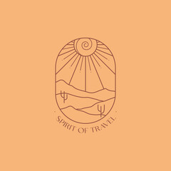 Vector linear boho emblem with abstract mountain landscape.Travel logo with mountains or desert dunes;sun and sunburst.Modern bohemian icon or symbol in trendy minimal style.Branding design template.