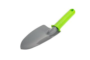 Garden tools. Small garden shovel with green handle isolated on white background