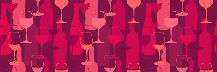 Seamless background pattern. Hand drawn wine glasses and bottles pattern. - 444824642