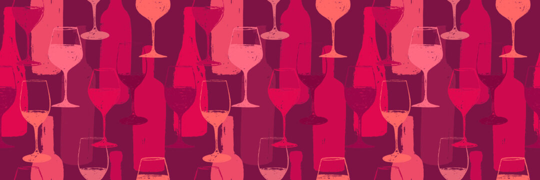 Seamless background pattern. Hand drawn wine glasses and bottles pattern.