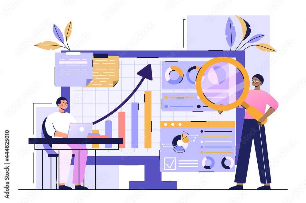 Poster data analysis for business concept. a man is sitting at a table and displays statistical data on a c