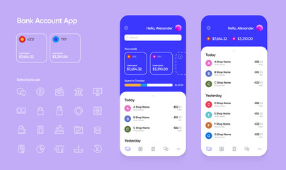 Banking App User Interface (UI) for Smartphones with Extra Set of Icons. Finance Investment Tools. Vector.