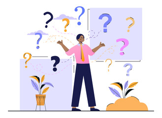 Decide right solution concept. A man surrounded by a large number of questions throws up his hands and chooses the right solution. Cartoon flat vector illustration isolated on a white background