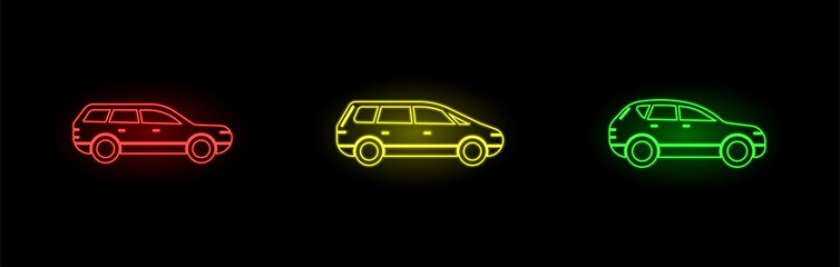 Fototapeta na wymiar Neon Car Icons Set. Three Different Cars. Electric Neon Color.