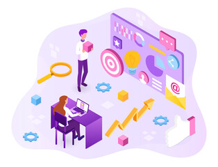 Digital marketing concept. A woman is sitting at a laptop and displays business statistics. A man holds a cube and analyzes the information. Cartoon isometric vector illustration on a white background