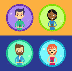 Set of Four Characters Icons with Device in the Hand. Take a selfie in the mirror with the Smartphone. Man and Woman.