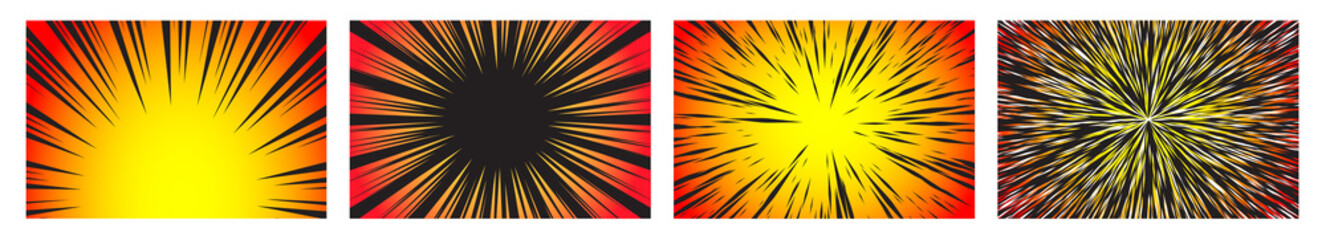 Set of 4 Hyper Speed Warp Sun Rays or Explosions. Boom for Comic Books. Radial Background. Vector..