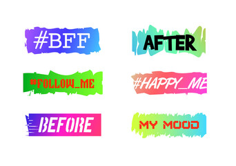 Hashtag with Colorful Backdrop. Graphic Icon with Text for Social Network, Application. Short Phrase. Set Freehand Drawn Symbol Template.