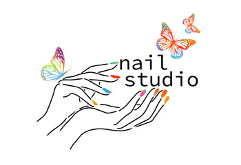 Obraz premium Beautiful female hands. Nail studio. Nail polish logo. Mixed media. Multicolored butterflies. vector illustration