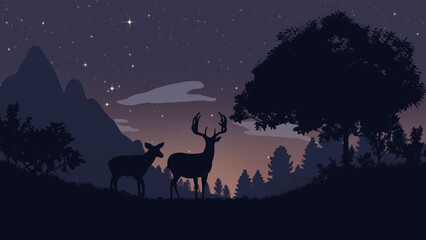 Deer against the background of the night forest. Starry sky. A pair of deer. Summer forest. - 444826081