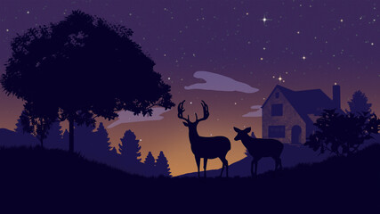 Deer against the background of the night forest. Starry sky. A pair of deer. Summer forest.